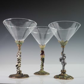 3pc Enamel over Metal Figural Stem Martini Glasses