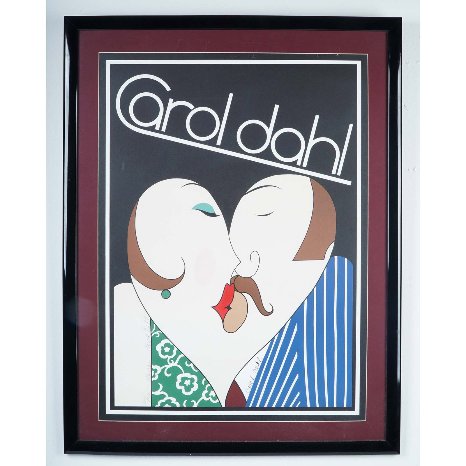 Carol Dahl, Limited Edition Serigraph, Lovers, Signed: Bold and playful limited edition serigraph by Carol Dahl titled Lovers, depicting an abstracted couple locked in a stylized kiss, with their faces forming a heart shape. Executed in Dahl's signature g