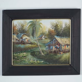 Oil on Board Painting, Thai Riverside Village Scene in Wood Frame