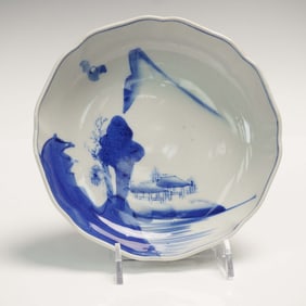 Japanese Blue and White Scalloped Dish with Landscape Scene