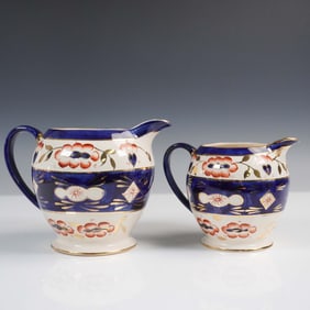 2pc Sadler Pitchers, Cobalt Blue with Floral and Gilt Detail
