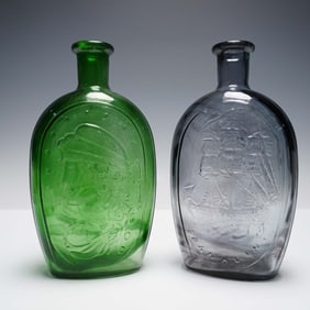 2pc Glass Bottles with Historical Motifs, Green and Gray