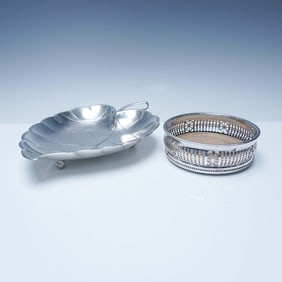 2pc Barker-Ellis Silverplate Wine Coaster and Leaf-Shaped Dish