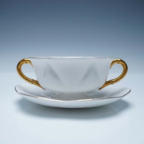 Shelley Bone China White & Gold Gilded Soup Cup and Saucer