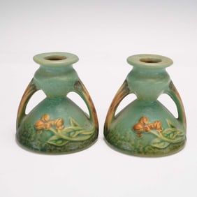 Roseville Pottery Bittersweet Green Candle Holders Pair S51-3