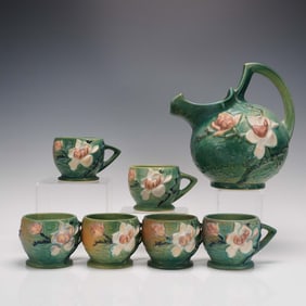 Roseville Pottery Magnolia 7pc Pitcher and Cups Set