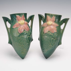 2pc Roseville Pottery Clematis Double-Handled Wall Vases 1295-8
