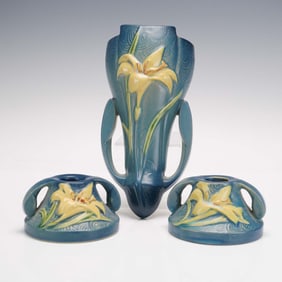 Roseville 3pc Pottery Set, Zephyr Lily Wall Pocket & Candlesticks