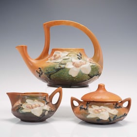 3pc Roseville Pottery Magnolia Tea Set