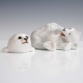 2pc Porcelain Figurines, Royal Copenhagen Polar Bear & Bing & Grondahl Seal