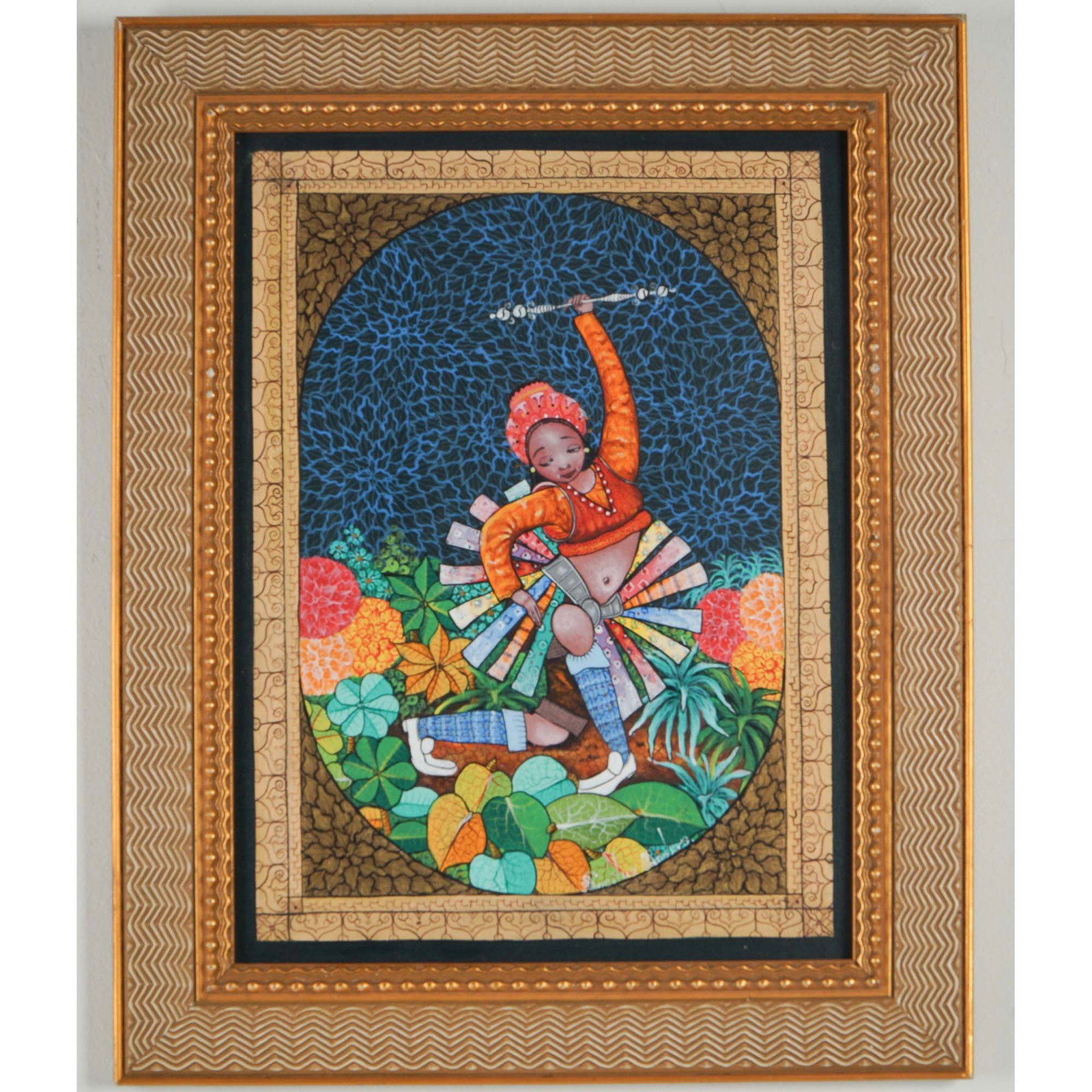 Acrylic Painting in the Style of Saincilus Ismael: Aneilus Anders Acrylic on Canvas Painting. This vibrant work captures the dynamic energy and cultural expression often associated with Haitian art. Richly detailed with intricate patterns and bold col