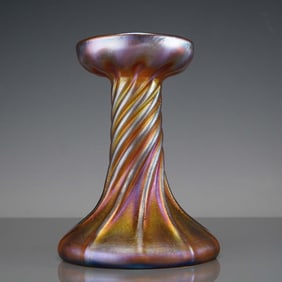 Louis Comfort Tiffany Favrile Glass Iridescent Candlestick, Signed