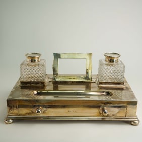 Victorian Silver Cut Glass Desk Inkwell by John Grinsell & Son. Birmingham