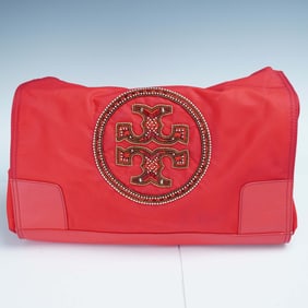 Tory Burch Red Beaded Logo Tote Bag