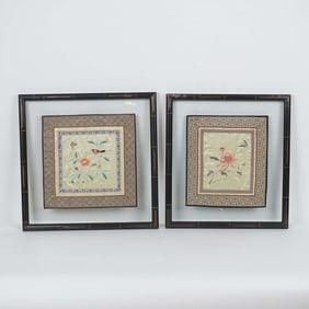Pair of Oriental Hand Embroidered Textile Artworks, Framed