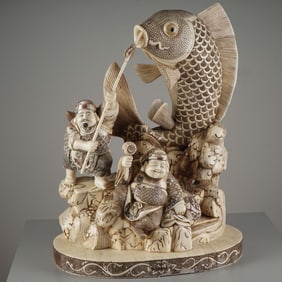 Hand Carved Bone Sculpture, Otei with Giant Koi Fish and Waves w/ Red Seal