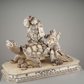 Hand-Carved Bone Sculpture, Immortals Riding Turtle w/ Fish & Tortoise