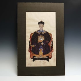 Chinese Ancestor Portrait Mixed Media Painting on Paper