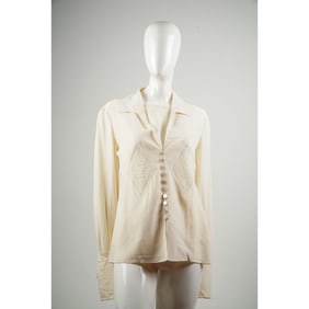 Valentino Boutique 2pc Ivory Silk Blouse Set with Crochet Insets, Size 10