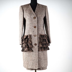 Valentino Boutique 2pc Tweed Skirt Suit with Tiered Ribbon Pockets, Size 6