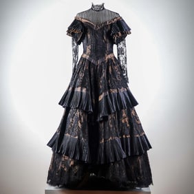 Lavare A. Secco Black-Bronze Tiered Taffeta and Lace Gown, Size 44 (US 8)