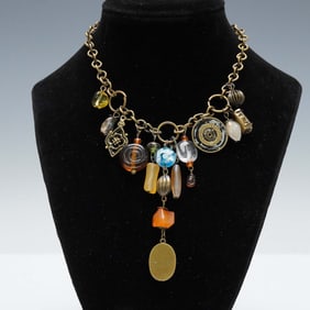 Landau Charm Necklace with Mixed Glass Beads and Dangles