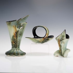 3pc Hull Pottery Figural Vases and Basket, Green and Brown