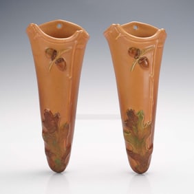 2pc Weller Pottery Oak Leaves Wall Pockets