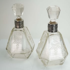 Pair of Etched Crystal Decanters with German Silver