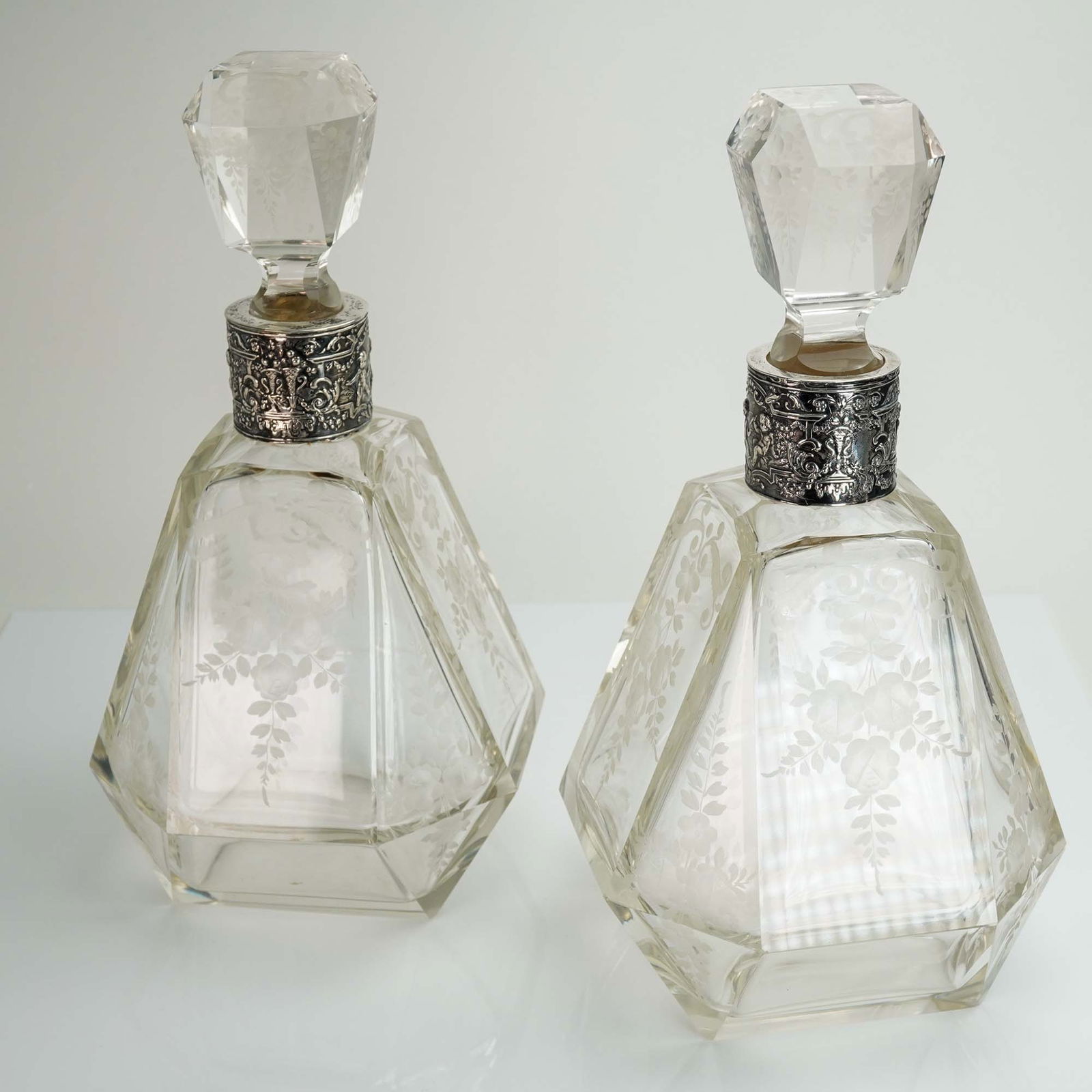Pair of Etched Crystal Decanters with German Silver (1 of 9)