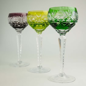 A Set of Three Bohemian Crystal Wine Glasses, Each In A Different Color