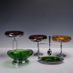 5pc Art Deco Chrome and Colored Glass Compote and Serving Set