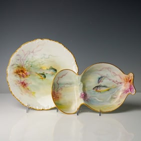 2pc Hand-Painted Limoges Porcelain Fish Plates, One Signed