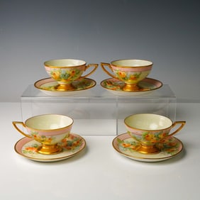 4 Pairs Hand-Painted Bavarian Cups and Saucers, Hutschenreuther & Favorite