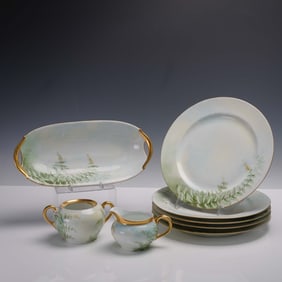 8pc Haviland and Sevres Hand Painted Fern Themed Porcelain Tableware Set