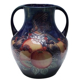 Moorcroft Pottery Double Handle Vase, Finch
