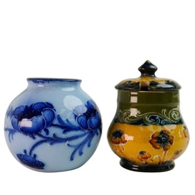 2pc Tiny Moorcroft Pieces, Small Vase and Lidded Pot McIntyre
