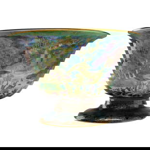 Wedgwood Black Fairyland Lustre Punch Bowl, Woodland Bridge Z4968: The exterior design features a black lustre sky above a pale-yellow river, with elf-like figures in black positioned along the near bank. The opposite riverbank appears in black and green rolling land