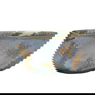 Wedgwood Fairyland Lustre Dragon Octagon Bowl, Z4829: Featuring a light blue mottled lustre glaze on the exterior decorated with gilt dragons amidst stylized clouds. The interior is finished in a mother-of-pearl glaze and centers a gilt coiled dragon