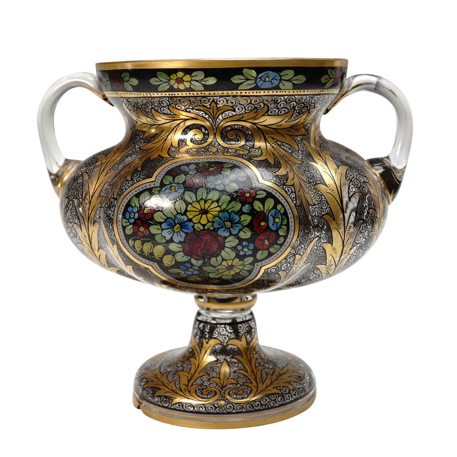 Bohemian-Style Enameled and Gilded Glass Pedestal Vase (1 of 5)