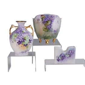 3pc Hand Painted Limoges Vases and Holder