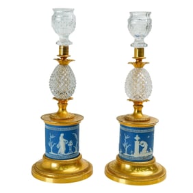 Pair of Victorian Gilt Metal and Blue Jasperware Candlesticks