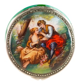 Victorian Guilloche Sterling Silver Compact Featuring a Romantic Scene