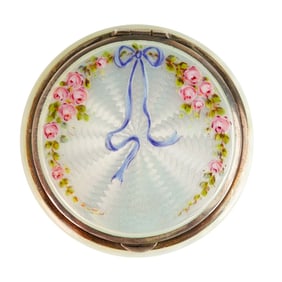 Vintage Guiloche Compact with Delicate Rose and Bow Decoration