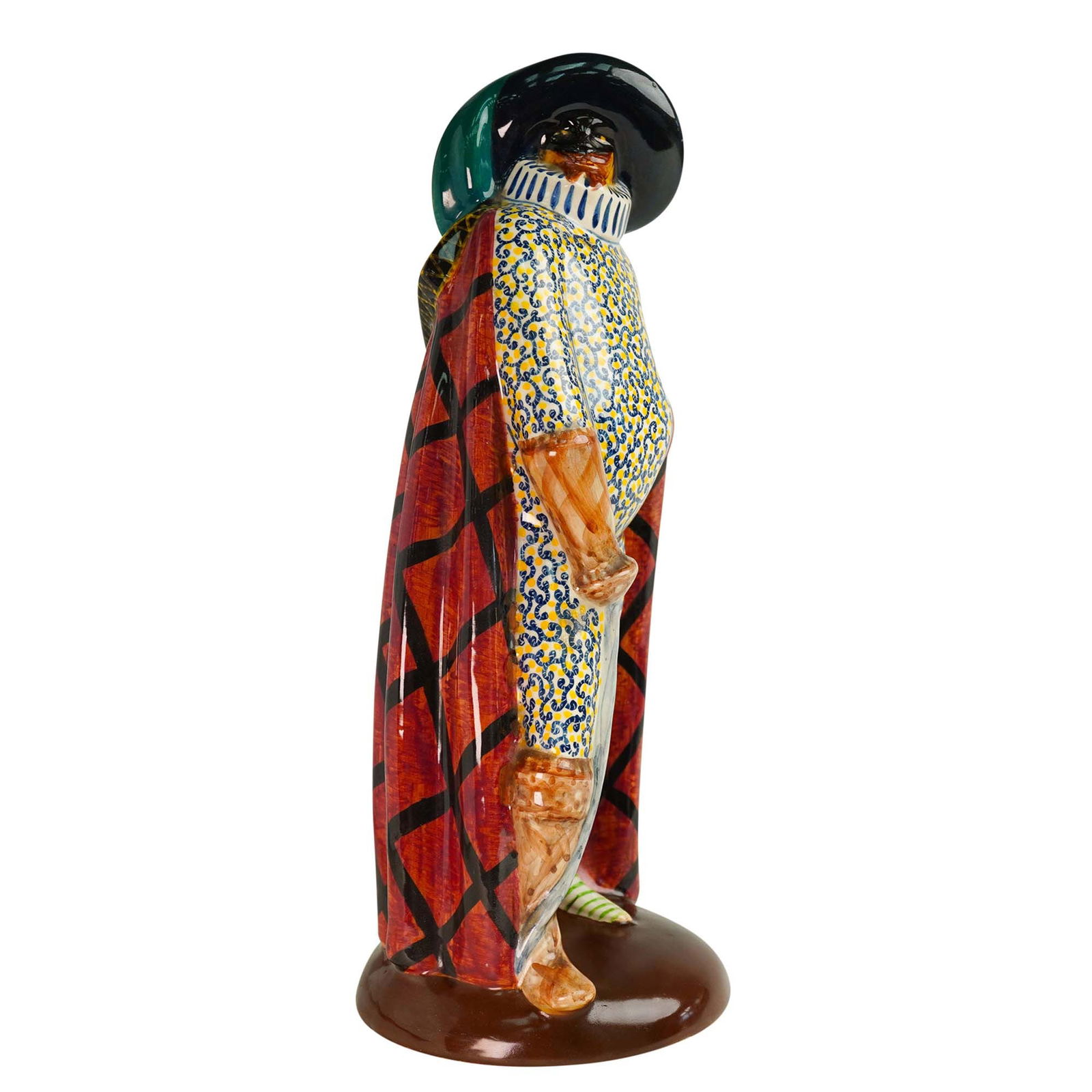 Captain Fracassa Figurine Francesco Messina (1900-1995), Albissola, c. 1930: Statue in majolica earthenware depicting Captain Fracassa. Decoration by Manlio Trucco. Phoenix logo on the base. Artist: Manilo Trucco Issued: c. 1930 Dimensions: 13.5"H Country of Origin: Italy