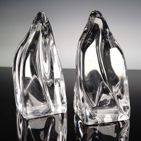 2pc Daum France Crystal Bookends, Abstract Sculptural Pair
