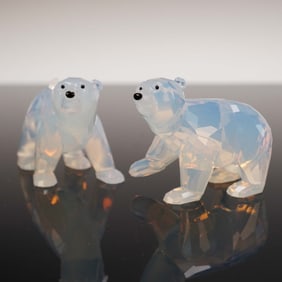 2pc Swarovski Crystal Figurines, 2011 SCS Polar Bear Cubs White Opal