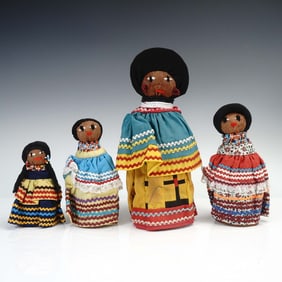 4pc Handcrafted Cloth Dolls with Beadwork and Ribbon Trim