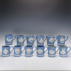 12pc Wedgwood Blue Jasperware Christmas Mugs