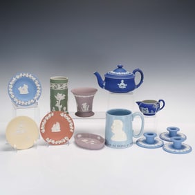 12pc Wedgwood Jasperware Teapot, Dishware & Candleholders